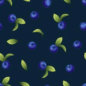 Seamless pattern of blueberries. Texture of blue berries and leaves. Bluebe.. Stock Illustration