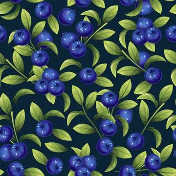 Seamless pattern of blueberries. Texture of blue berries and leaves. Bluebe.. Stock Illustration