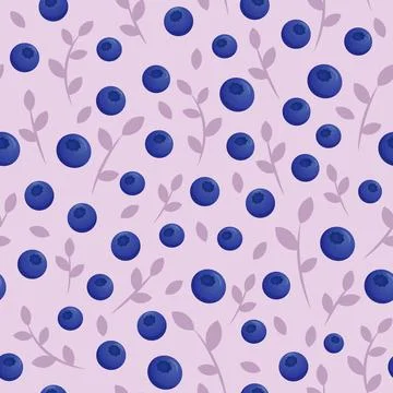 Seamless pattern of blueberries, violet leaves on light lilac background Stock Illustration