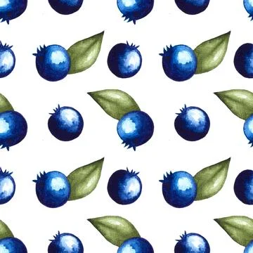 Seamless pattern of blueberries watercolor hand painted elements on white Stock Illustration