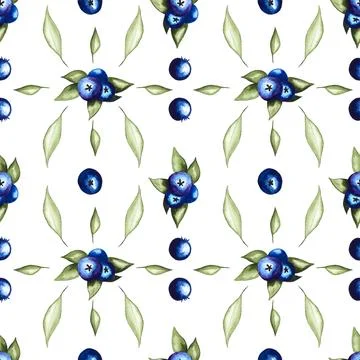 Seamless pattern of blueberries watercolor hand painted elements on white Stock Illustration