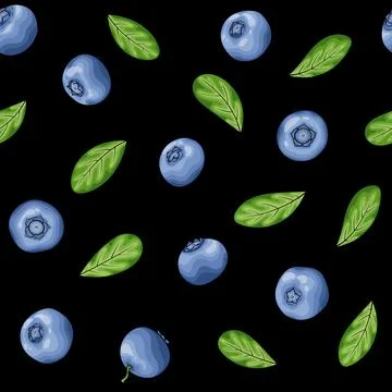 Seamless pattern blueberry with leaves contour on Black background, symbol .. Stock Illustration