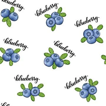 Seamless pattern blueberry with word text blueberry white background, symbo.. Stock Illustration