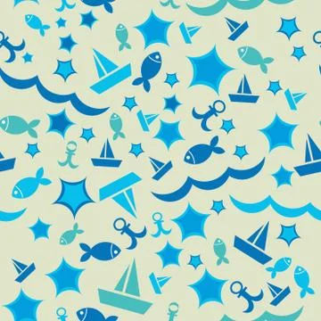 Seamless pattern with boats waves and fish, starfish, anchors. Vector illustr Stock Illustration