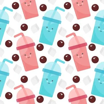 Seamless pattern boba drink with cheerful face Stock Illustration
