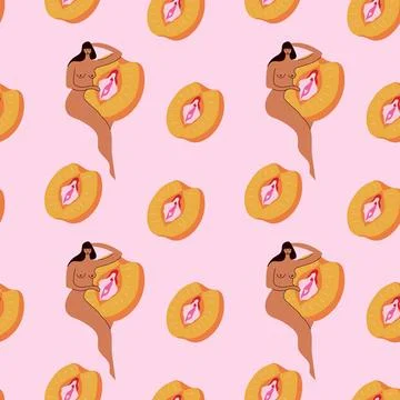 Seamless Pattern. Body Positive Femininity and Peach Vulva Symbolism Illustrazione stock