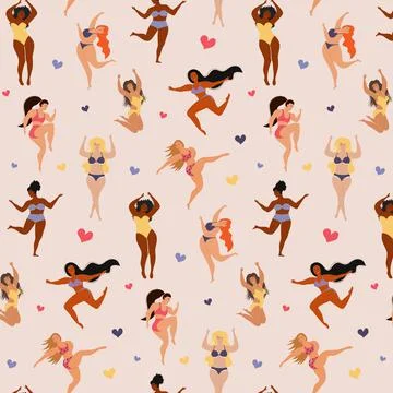 Seamless pattern of body positive happy women and hearts. Illustrazione stock