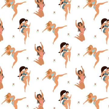 Seamless pattern of body positive happy women. Illustrazione stock