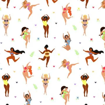 Seamless pattern of body positive happy women,hearts and twigs. Stock Illustration