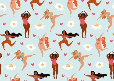 Seamless pattern of body positive happy women Illustrazione stock