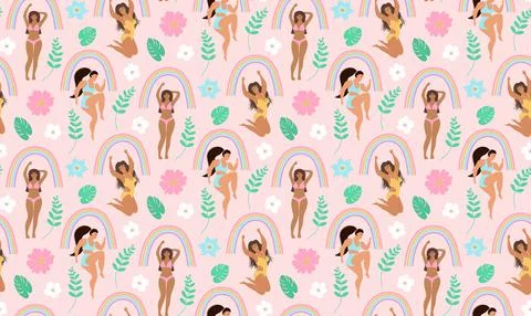 Seamless pattern of body positive happy women Stock Illustration
