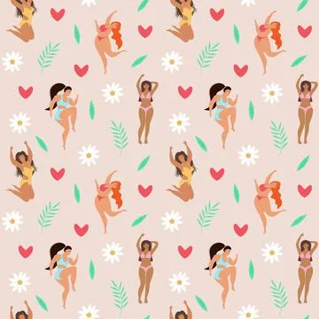 Seamless pattern of body positive happy women, hearts, daisies, leaves and tw Illustrazione stock