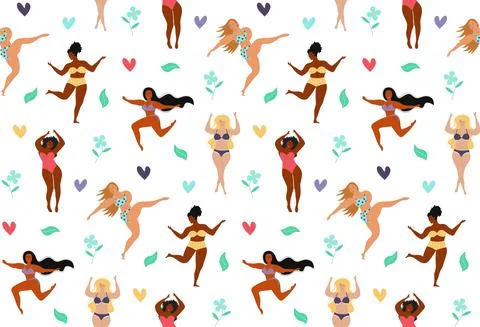 Seamless pattern of body positive happy women, hearts and flowers. Illustrazione stock