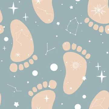 Seamless pattern with boho baby feet and space symbols. Baby footprints Stock Illustration