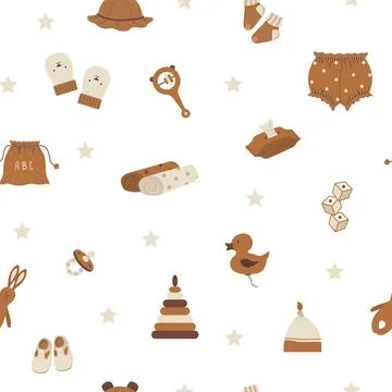 Seamless pattern with boho baby objects. Vintage wooden toys for children. Hand Stock Illustration