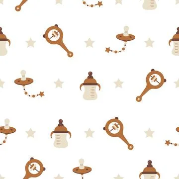 Seamless pattern with boho baby objects. Vintage wooden toys for children. Hand Stock Illustration