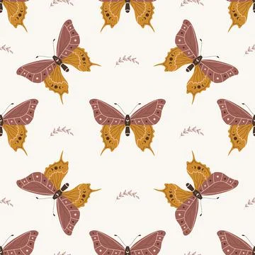 Seamless pattern with boho butterfly. Insect with celestial elements. Witch and Stock Illustration