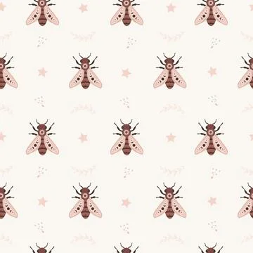 Seamless pattern with boho honeybee. Insect with celestial elements. Witch and Stock Illustration