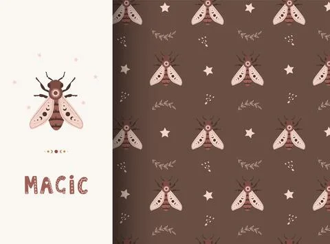 Seamless pattern with boho honeybee. Insect with celestial elements. Witch and Stock Illustration