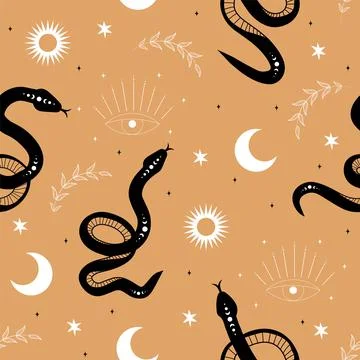 Seamless pattern with boho magic snake and moon. Mystical symbol in a trendy Stock Illustration