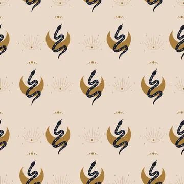 Seamless pattern with boho magic snake and moon. Mystical symbol in a trendy Stock Illustration