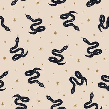 Seamless pattern with boho magic snake and stars. Mystical symbol in a trendy Stock Illustration