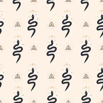 Seamless pattern with boho magic snake and moon. Mystical symbol in a trendy Stock Illustration