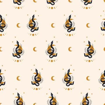 Seamless pattern with boho magic snake and moon. Mystical symbol in a trendy Illustrazione stock
