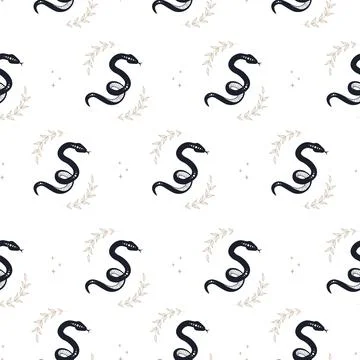 Seamless pattern with boho magic snake and leaves. Mystical symbol in a trendy イラスト素材