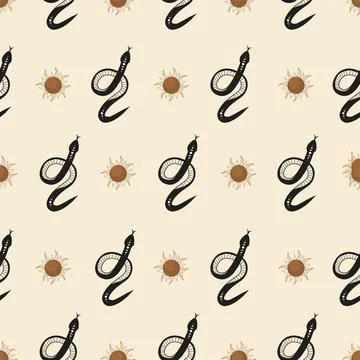 Seamless pattern with boho magic snake and sun. Mystical symbol in a trendy Stock Illustration
