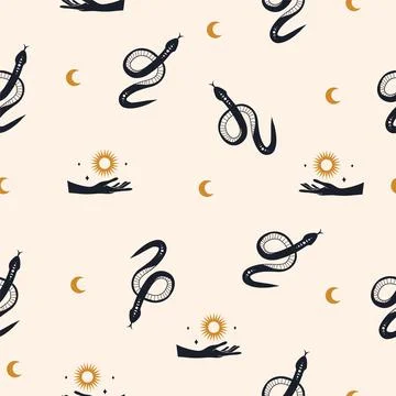 Seamless pattern with boho magic snake and moon. Mystical symbol in a trendy Illustrazione stock