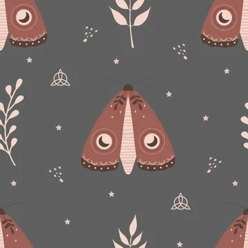 Seamless pattern with boho moth. Insect with celestial elements. Witch and magic Illustrazione stock