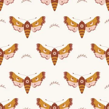 Seamless pattern with boho moth. Insect with celestial elements. Witch and magic Stock Illustration
