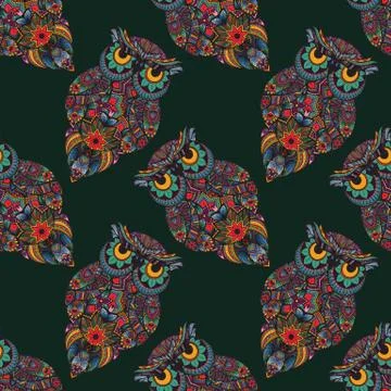 Seamless pattern Boho ornamental owl illustration, ethnics abstract doodle .. Illustrazione stock
