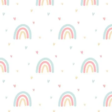 Seamless pattern with boho pastel Rainbow and hearts. Stock Illustration