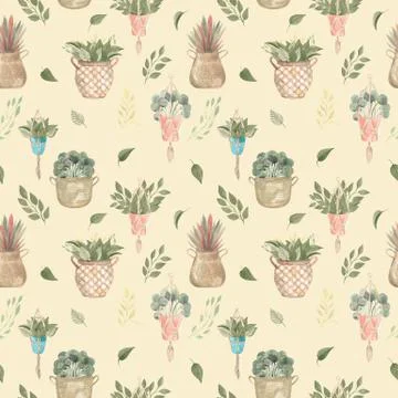 Seamless pattern of boho plants and indoor flowers in baskets and hanging pot Stock Illustration