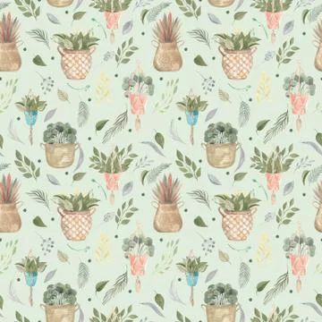 Seamless pattern of boho plants and indoor flowers in baskets and hanging pot Stock Illustration