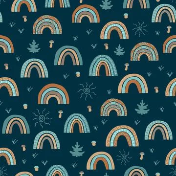 Seamless pattern with boho rainbows on dark green Stockillustratie