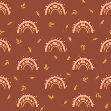 Seamless pattern with boho rainbows, flowers, leaves, rosesm, peonies on brown Stock Illustration