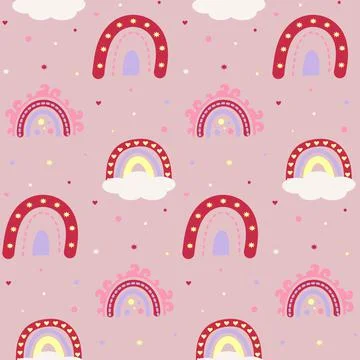 Seamless pattern with boho rainbows, hearts, stars, dots. Stock Illustration