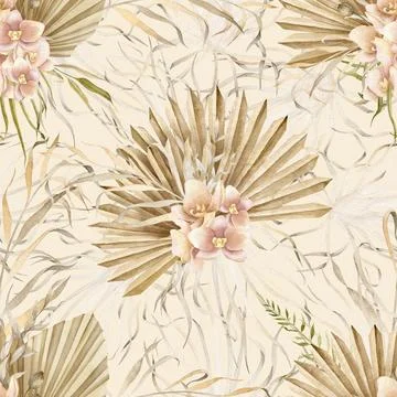 Seamless Pattern in Boho style. Watercolor hand drawn Floral ornament with dry Stock Illustration