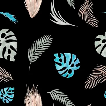 Seamless pattern Boho Tropical elements leaf palm grass Watercolor hand painted Illustrazione stock