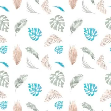 Seamless pattern Boho Tropical elements leaf palm grass Watercolor hand painted Stock Illustration