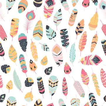 Seamless pattern with boho vintage tribal ethnic colorful vibrant feathers Illustrazione stock
