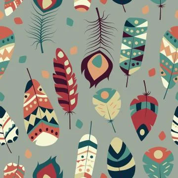 Seamless pattern with boho vintage tribal ethnic colorful vibrant feathers Stock Illustration