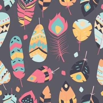 Seamless pattern with boho vintage tribal ethnic colorful vibrant feathers Stock Illustration