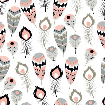 Seamless pattern with boho vintage tribal ethnic colorful vibrant feathers Stock Illustration