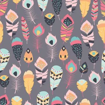 Seamless pattern with boho vintage tribal ethnic colorful vibrant feathers Stock Illustration