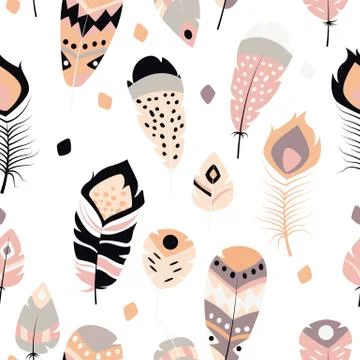 Seamless pattern with boho vintage tribal ethnic colorful vibrant feathers Stock Illustration