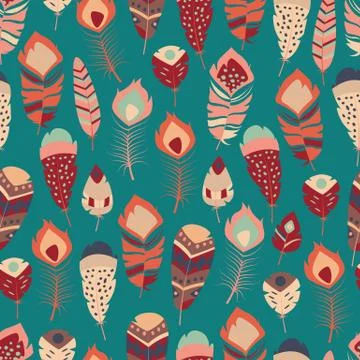 Seamless pattern with boho vintage tribal ethnic colorful vibrant feathers Illustrazione stock